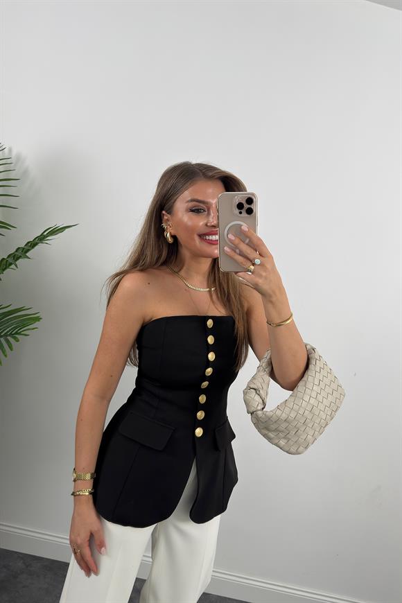 Premium Seri Double Kumaş Gold Düğme Straplez Yelek Siyah
