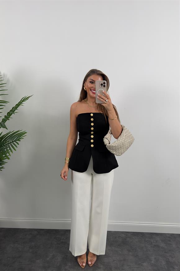 Premium Seri Double Kumaş Gold Düğme Straplez Yelek Siyah