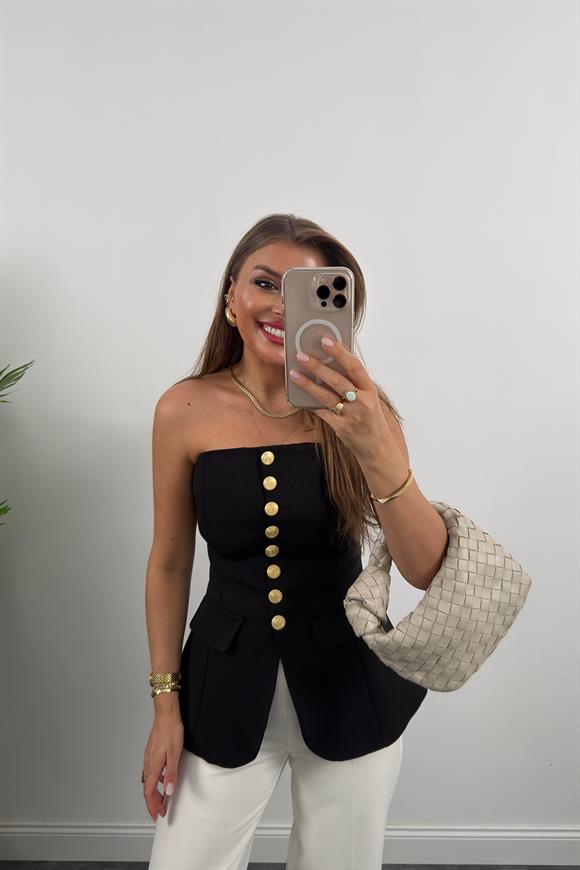 Premium Seri Double Kumaş Gold Düğme Straplez Yelek Siyah
