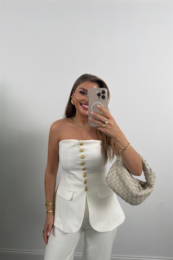 Premium Seri Double Kumaş Gold Düğme Straplez Yelek Ekru