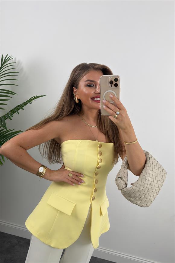 Premium Seri Double Kumaş Gold Düğme Straplez Yelek Sarı