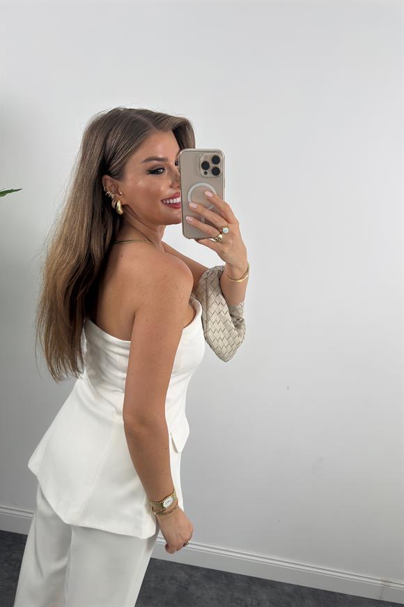 Premium Seri Double Kumaş Gold Düğme Straplez Yelek Ekru