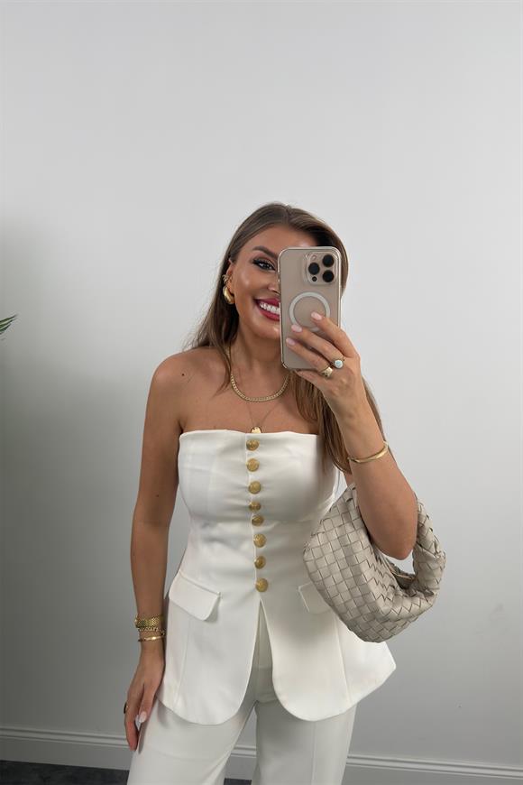 Premium Seri Double Kumaş Gold Düğme Straplez Yelek Ekru