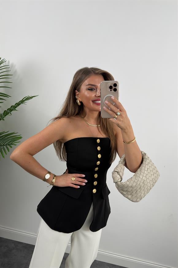 Premium Seri Double Kumaş Gold Düğme Straplez Yelek Siyah