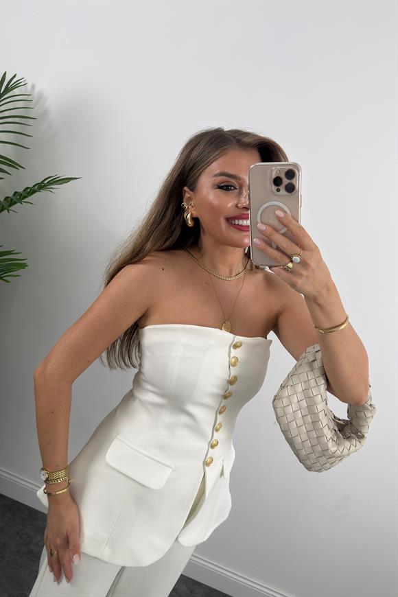 Premium Seri Double Kumaş Gold Düğme Straplez Yelek Ekru