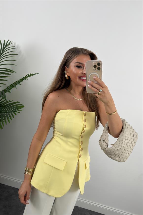 Premium Seri Double Kumaş Gold Düğme Straplez Yelek Sarı