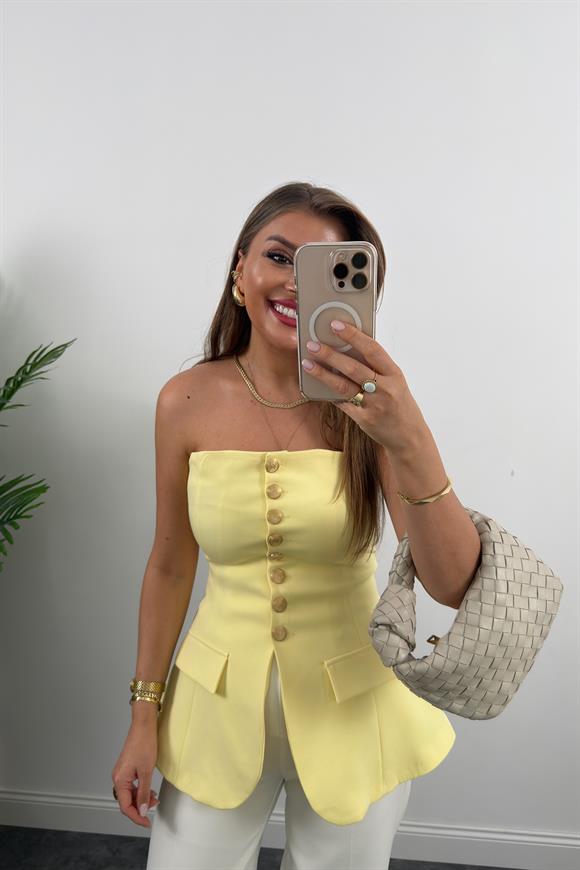 Premium Seri Double Kumaş Gold Düğme Straplez Yelek Sarı