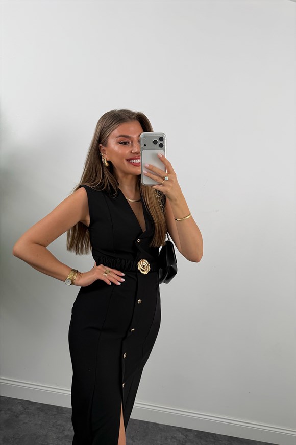 Premium Seri Double Kumaş Gold Kemerli Kalem Elbise Siyah
