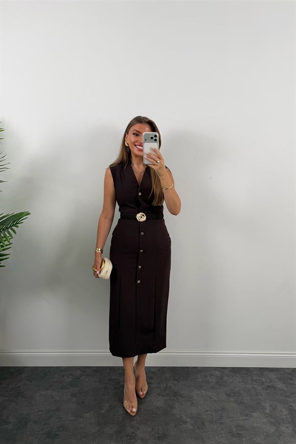 Premium Seri Double Kumaş Gold Kemerli Kalem Elbise Acı Kahve