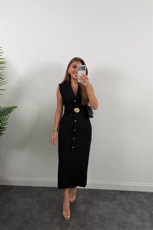 Premium Seri Double Kumaş Gold Kemerli Kalem Elbise Siyah