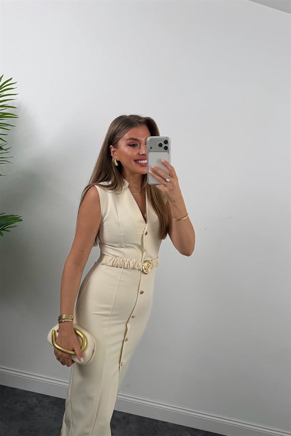 Premium Seri Double Kumaş Gold Kemerli Kalem Elbise Krem