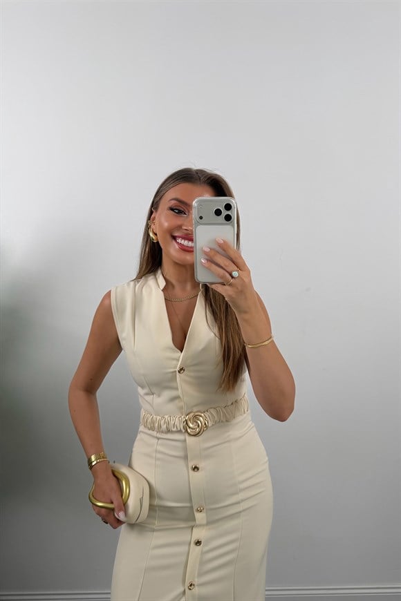 Premium Seri Double Kumaş Gold Kemerli Kalem Elbise Krem