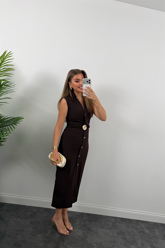 Premium Seri Double Kumaş Gold Kemerli Kalem Elbise Acı Kahve