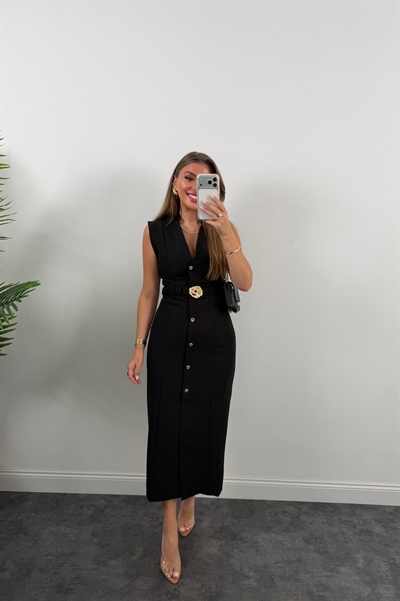 Premium Seri Double Kumaş Gold Kemerli Kalem Elbise Siyah