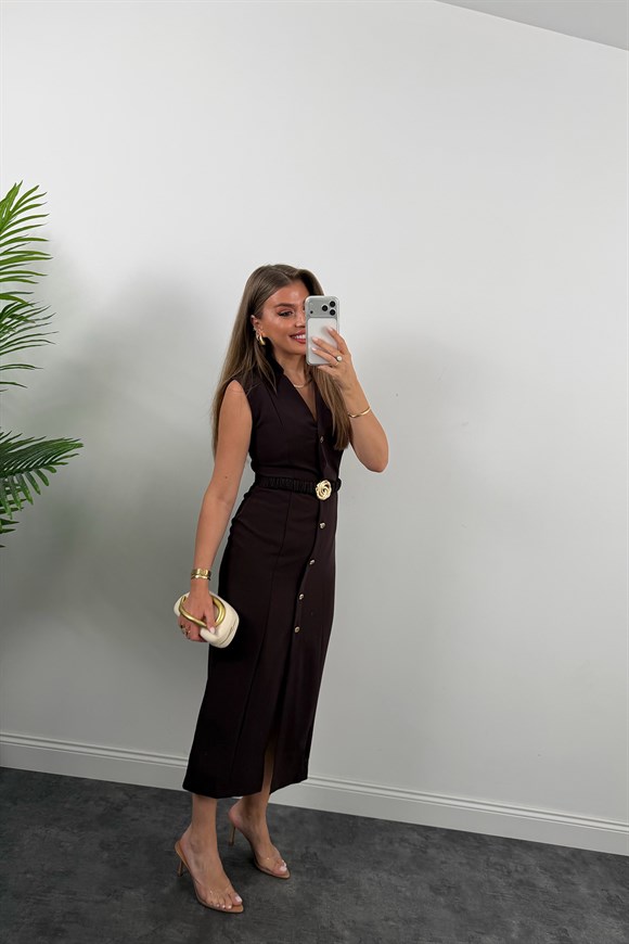 Premium Seri Double Kumaş Gold Kemerli Kalem Elbise Acı Kahve