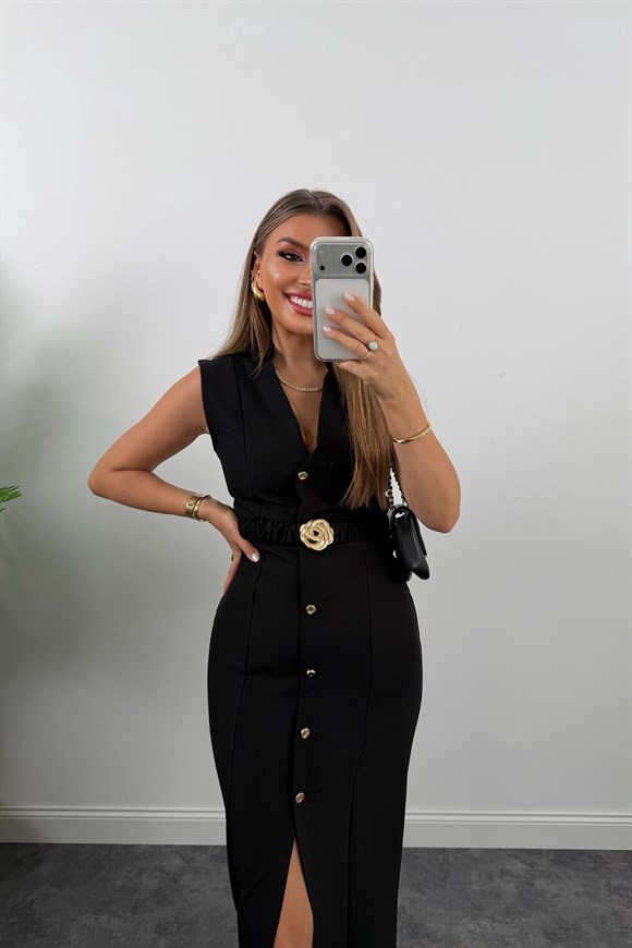 Premium Seri Double Kumaş Gold Kemerli Kalem Elbise Siyah