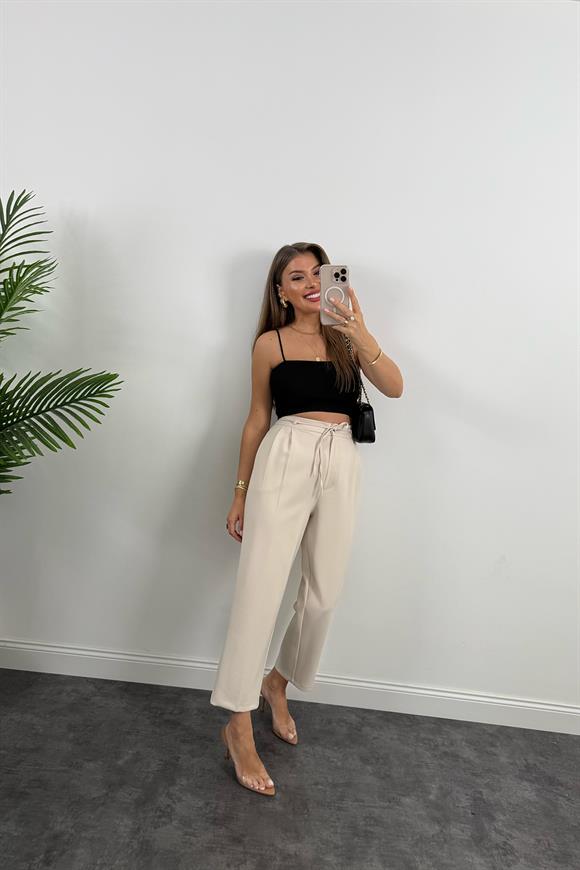 Premium Seri Double Kumaş Beli İpli Harem Kumaş Pantolon Taş