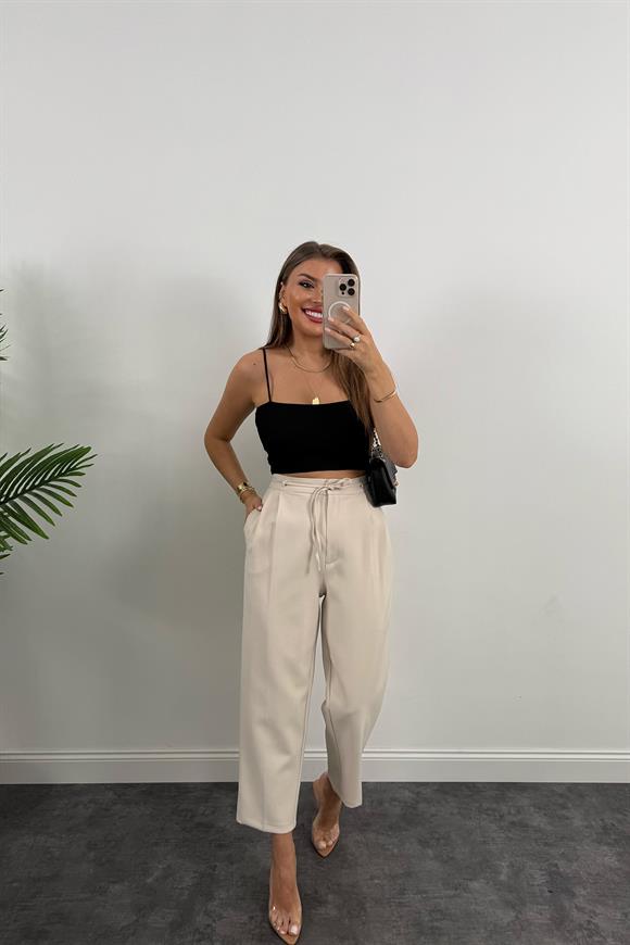 Premium Seri Double Kumaş Beli İpli Harem Kumaş Pantolon Taş