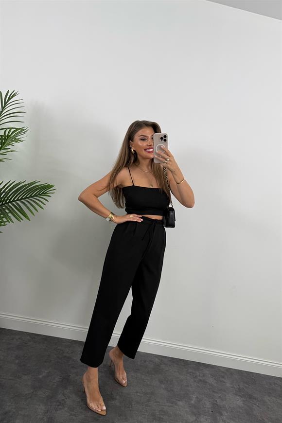 Premium Seri Double Kumaş Beli İpli Harem Kumaş Pantolon Siyah