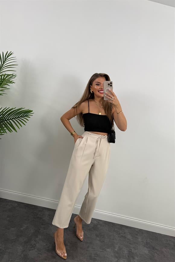 Premium Seri Double Kumaş Beli İpli Harem Kumaş Pantolon Taş