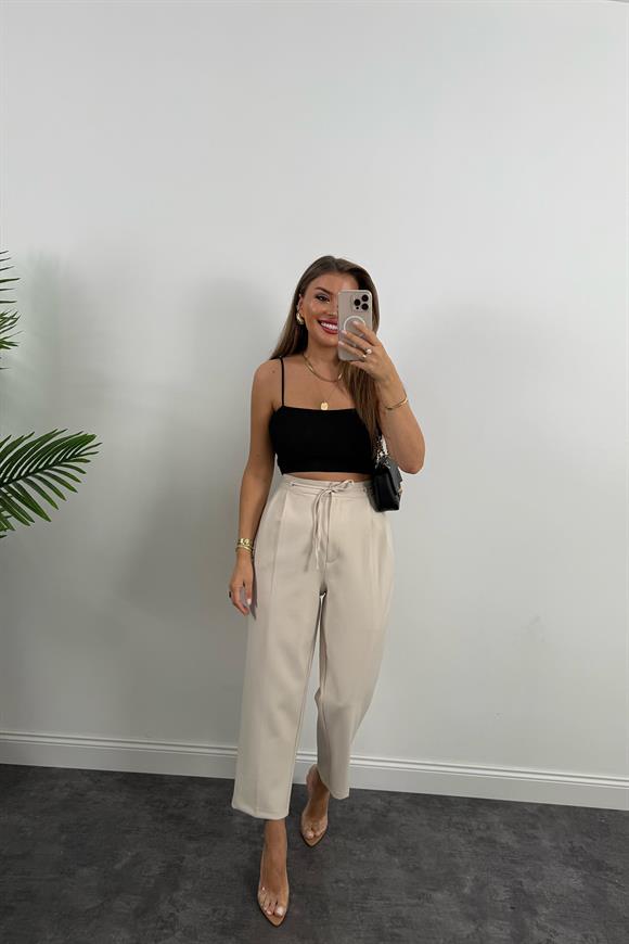 Premium Seri Double Kumaş Beli İpli Harem Kumaş Pantolon Taş