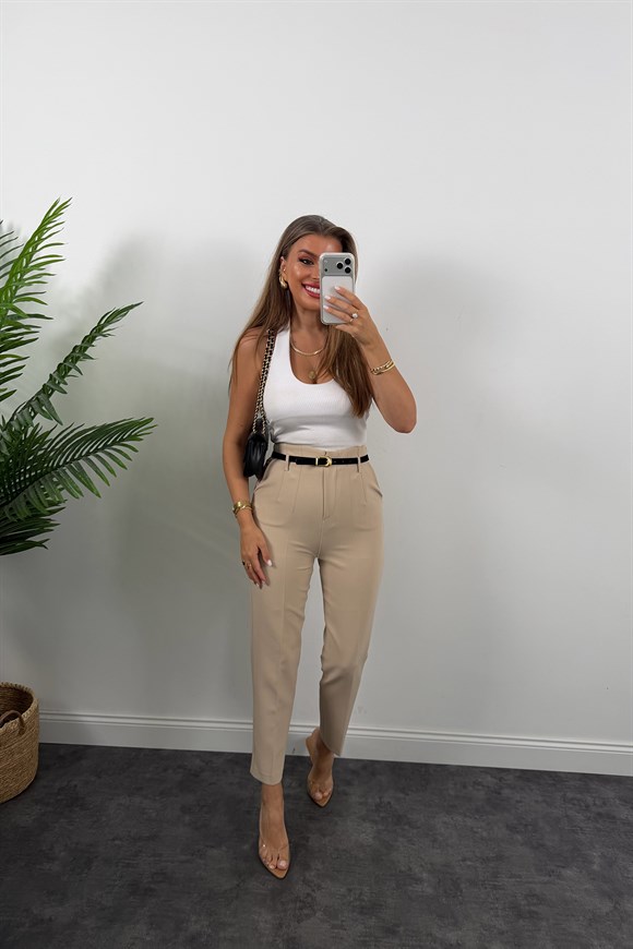 Premium Seri Double Kumaş Pensli Kemerli Havuç Pantolon Taş