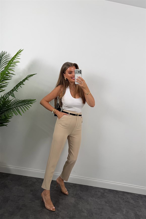 Premium Seri Double Kumaş Pensli Kemerli Havuç Pantolon Taş