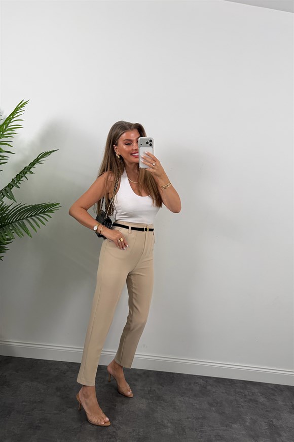 Premium Seri Double Kumaş Pensli Kemerli Havuç Pantolon Taş