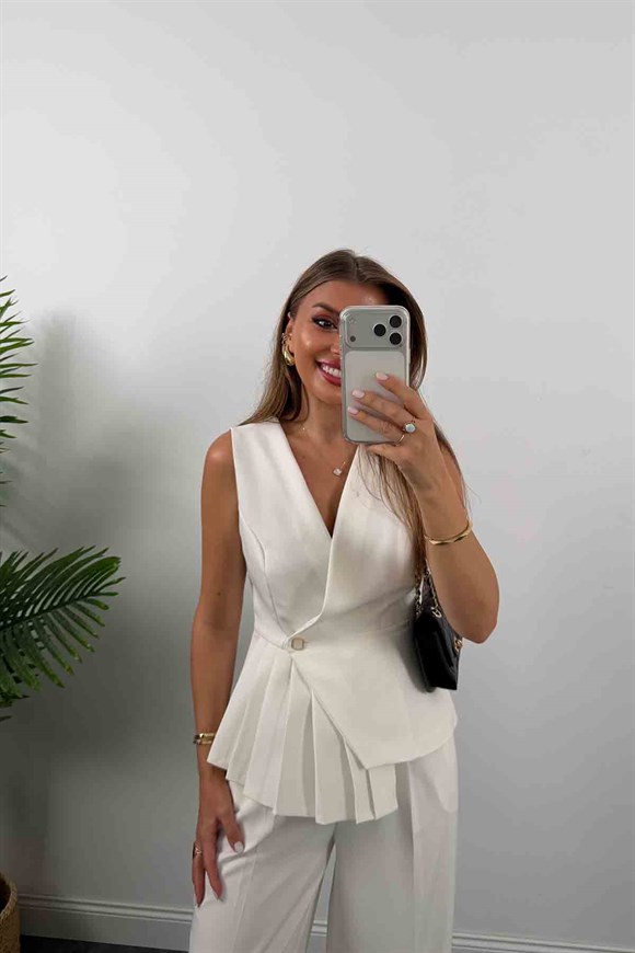 Premium Seri Double Kumaş Pileli Yelek Palazzo Takım Beyaz
