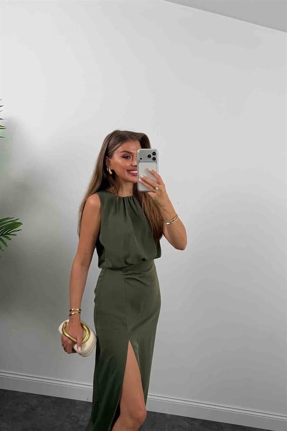 Premium Seri Drapeli Dökümlü Yırtmaçlı Kalem Elbise Haki