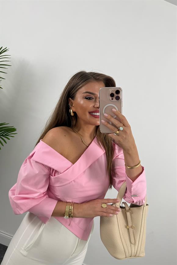 Premium Seri Düşük Omuz Tasarım Poplin Gömlek Pembe