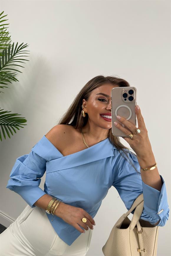 Premium Seri Düşük Omuz Tasarım Poplin Gömlek Mavi