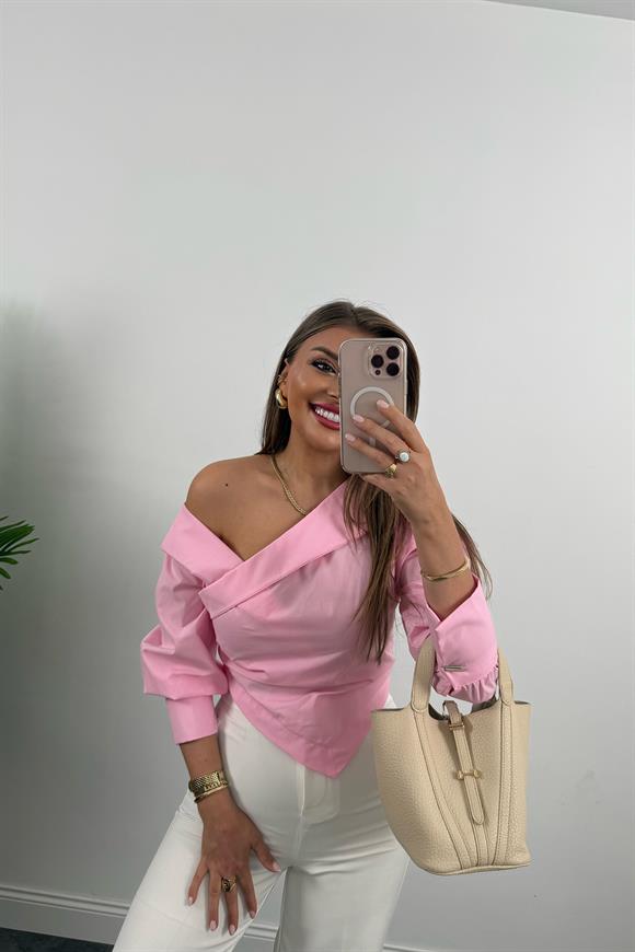 Premium Seri Düşük Omuz Tasarım Poplin Gömlek Pembe