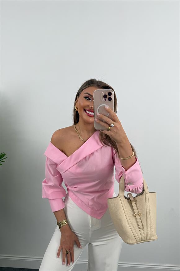 Premium Seri Düşük Omuz Tasarım Poplin Gömlek Pembe
