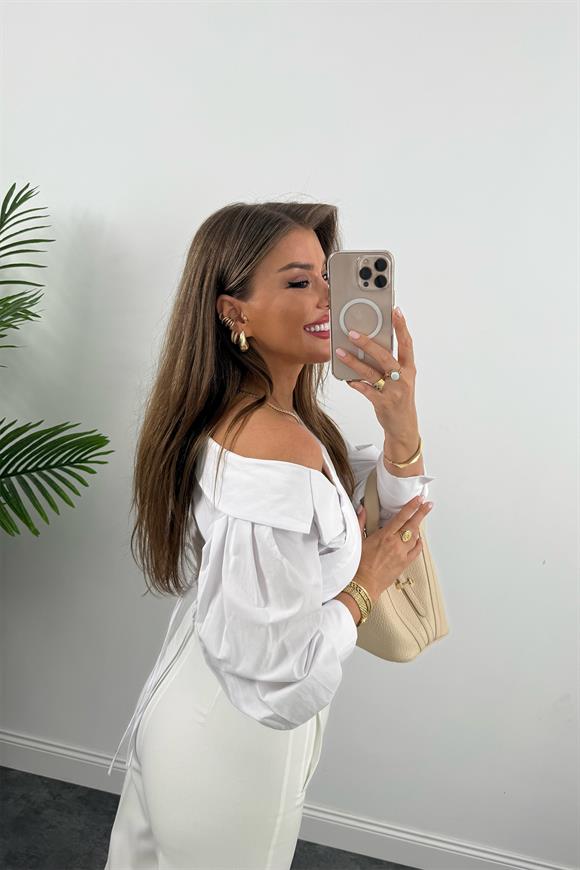 Premium Seri Düşük Omuz Tasarım Poplin Gömlek Beyaz