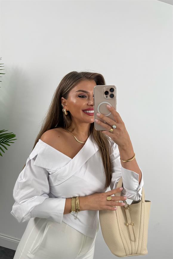 Premium Seri Düşük Omuz Tasarım Poplin Gömlek Beyaz
