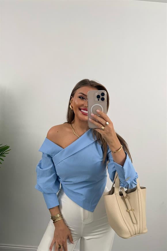 Premium Seri Düşük Omuz Tasarım Poplin Gömlek Mavi