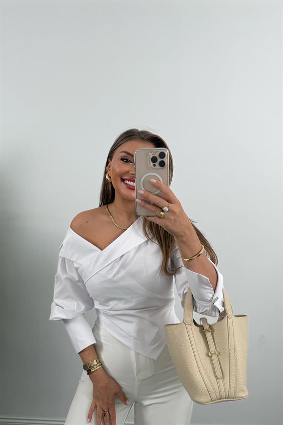 Premium Seri Düşük Omuz Tasarım Poplin Gömlek Beyaz