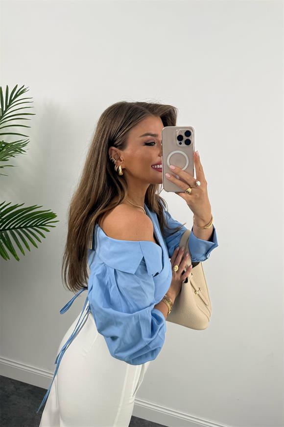 Premium Seri Düşük Omuz Tasarım Poplin Gömlek Mavi