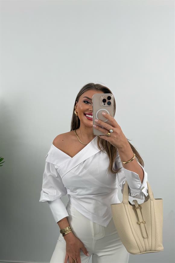 Premium Seri Düşük Omuz Tasarım Poplin Gömlek Beyaz