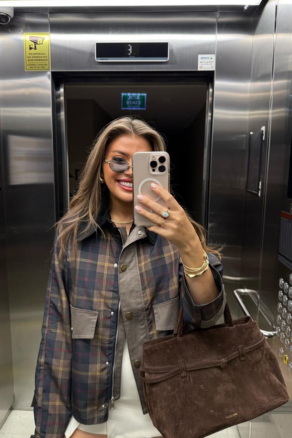 Premium Seri Ekoseli Kadife Yaka Trençkot