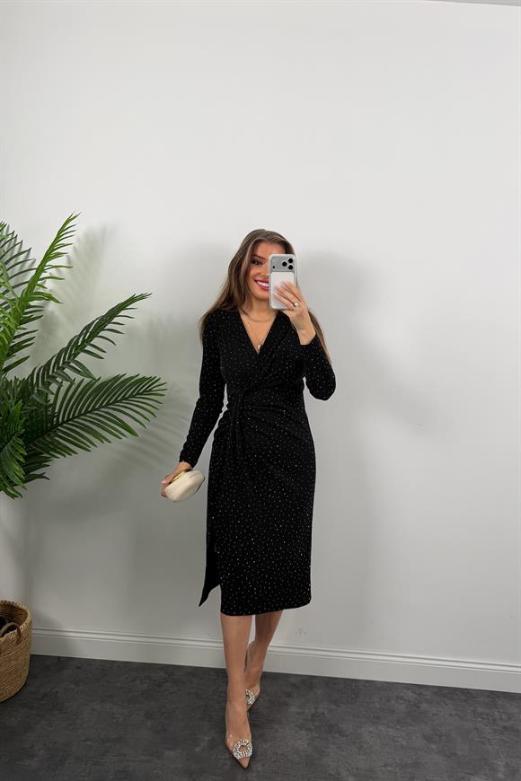 Premium Seri Eteği Drapeli Likralı Serpme Taşlı Midi Elbise Siyah