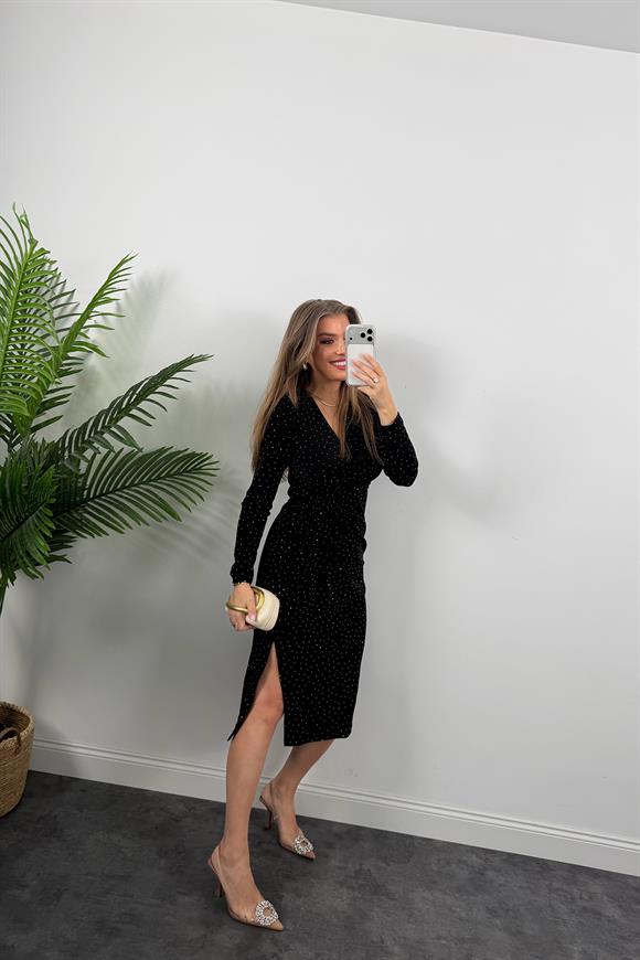 Premium Seri Eteği Drapeli Likralı Serpme Taşlı Midi Elbise Siyah