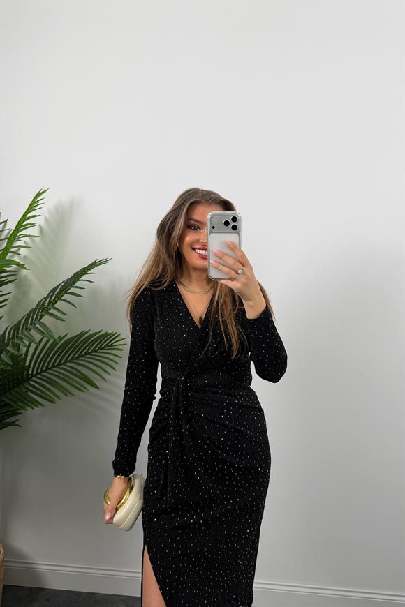 Premium Seri Eteği Drapeli Likralı Serpme Taşlı Midi Elbise Siyah