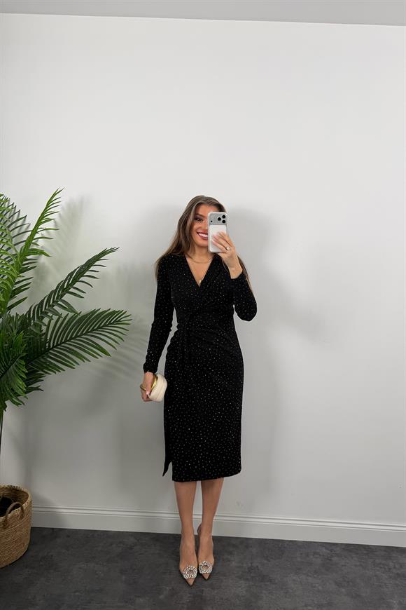 Premium Seri Eteği Drapeli Likralı Serpme Taşlı Midi Elbise Siyah