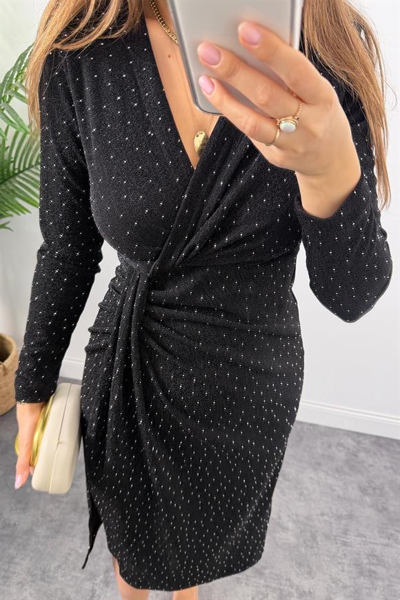 Premium Seri Eteği Drapeli Likralı Serpme Taşlı Midi Elbise Siyah