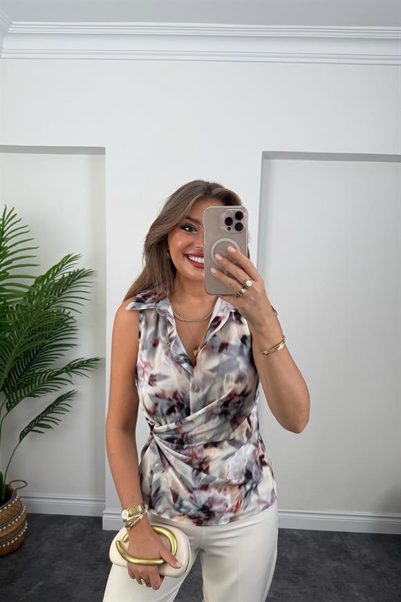 Premium Seri Eteği Düğümlü Mermer Desen Kruvaze Bluz Mürdüm