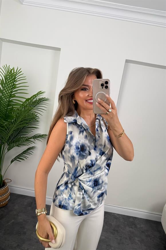 Premium Seri Eteği Düğümlü Mermer Desen Kruvaze Bluz Mavi