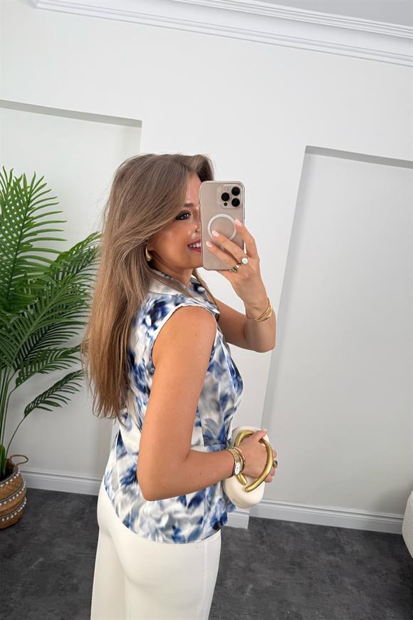 Premium Seri Eteği Düğümlü Mermer Desen Kruvaze Bluz Mavi