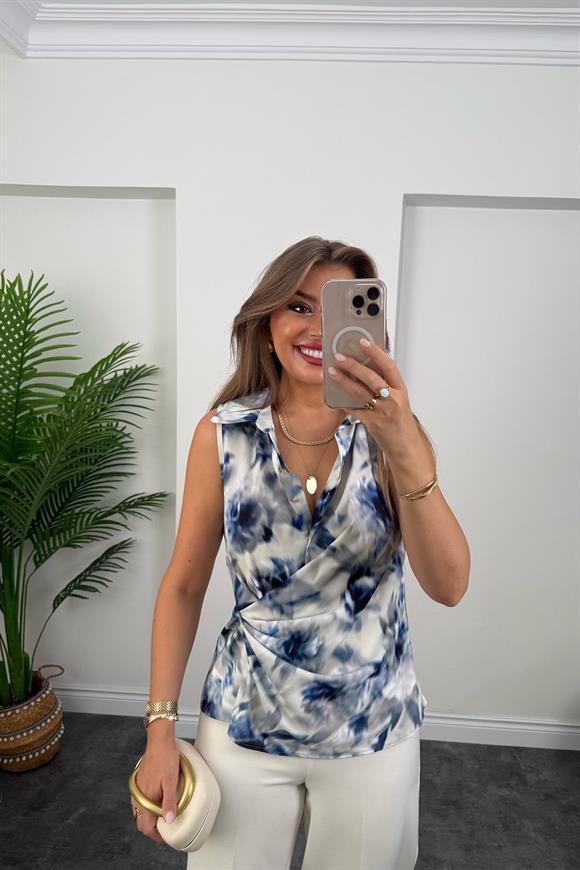 Premium Seri Eteği Düğümlü Mermer Desen Kruvaze Bluz Mavi